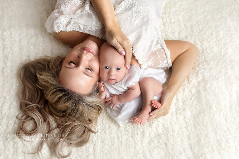 Atlanta newborn photographer, studio portrait of mom and baby girl in white