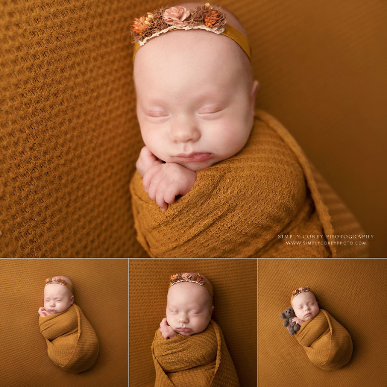 Mableton newborn photographer, baby girl in mustard yellow wrap and headband