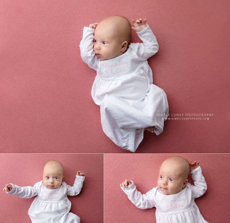 newborn photographer near Dallas, GA; baby girl in personalized nightgown