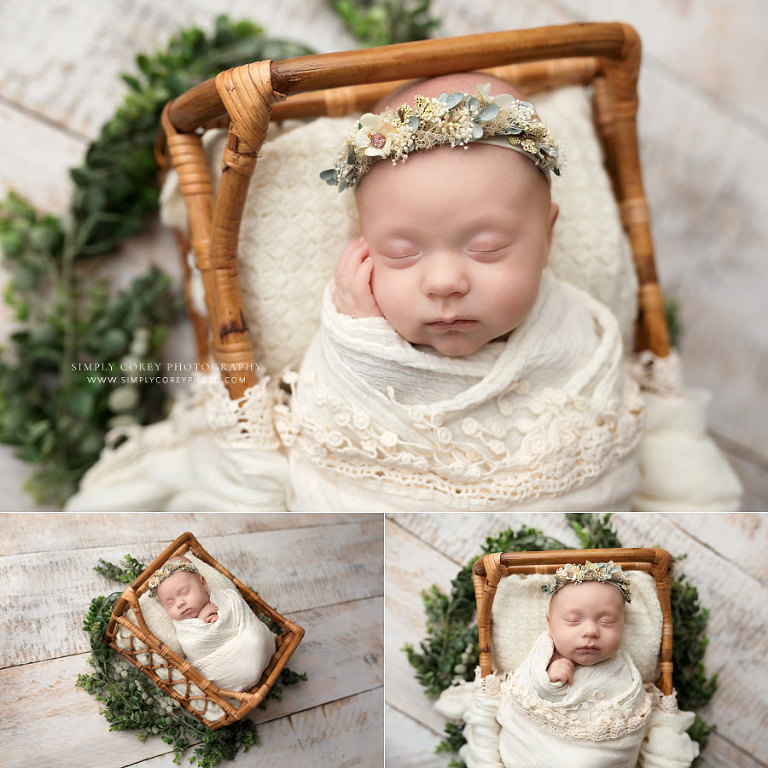 Villa Rica newborn photographer, studio portraits of baby girl in off white with greenery