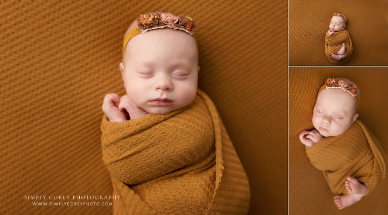 West Georgia newborn photographer, baby girl in mustard wrap and headband