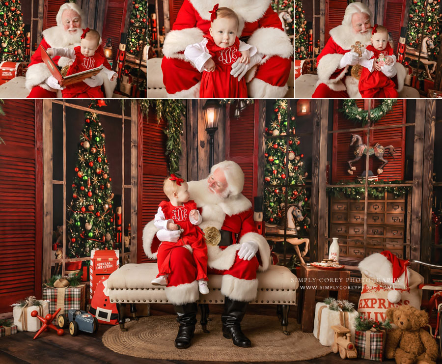 Carrollton photographer Santa Claus mini sessions, baby in red with Santa