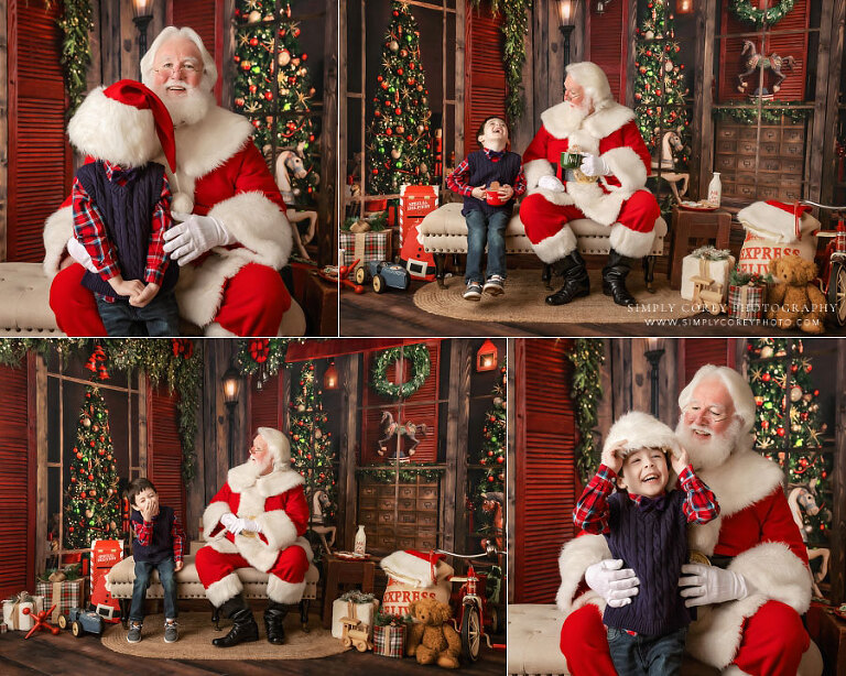 Christmas mini session photographer near Dallas, GA; boy laughing with Santa