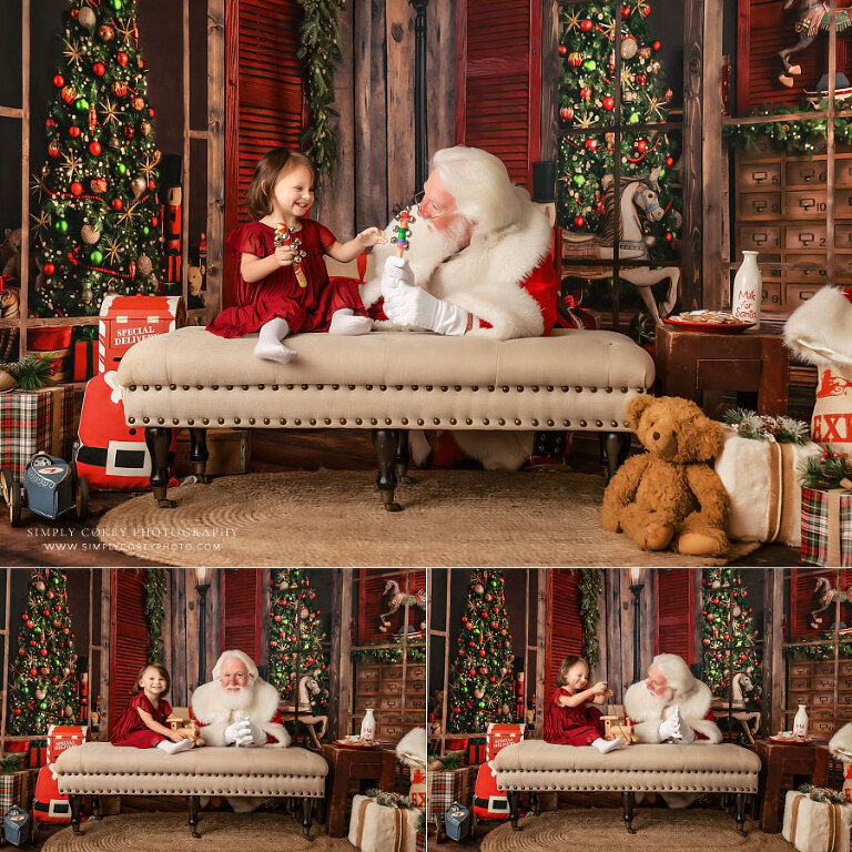 Christmas mini session photographer in West Georgia, child laughing with Santa Claus