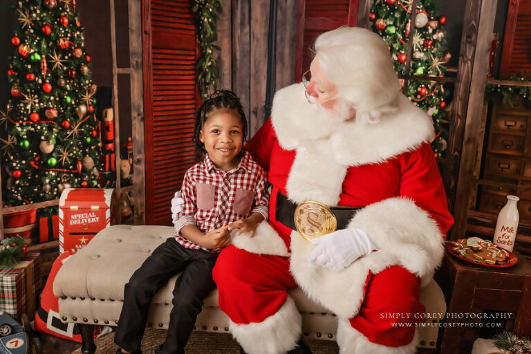 Douglasville Christmas mini session photographer, boy smiling with Santa Claus