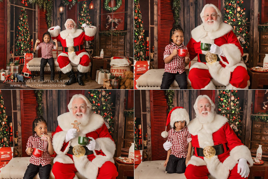 Santa Claus mini session photographer near Mableton, boy being silly with Santa