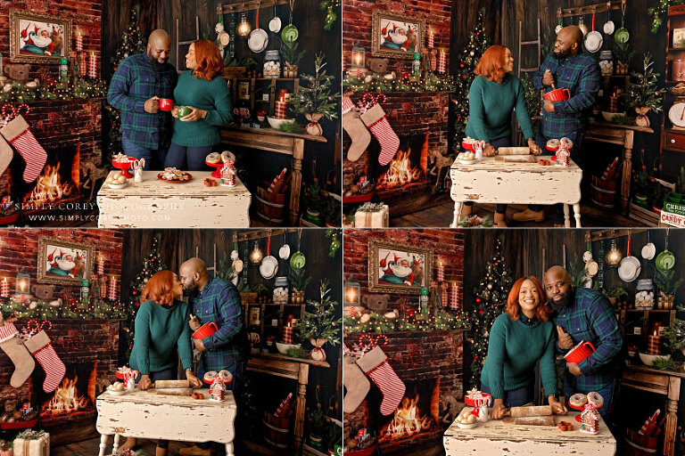 mini session photographer near Mableton, couple Christmas photos in kitchen