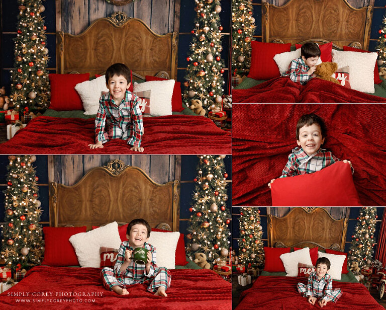 mini session photographer near Dallas, GA; child in Christmas pajamas with bedding