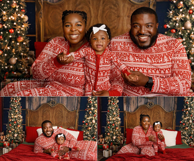 mini session photographer near Powder Springs, family with baby in Christmas pajamas
