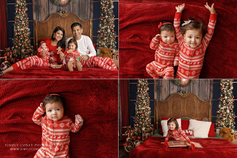 mini session photographer near Decatur, family in Christmas pajamas on bed in studio