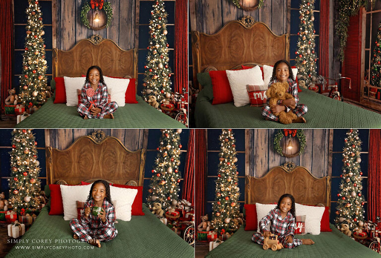 mini session photographer near Lithia Springs, child in Christmas pajamas with different props