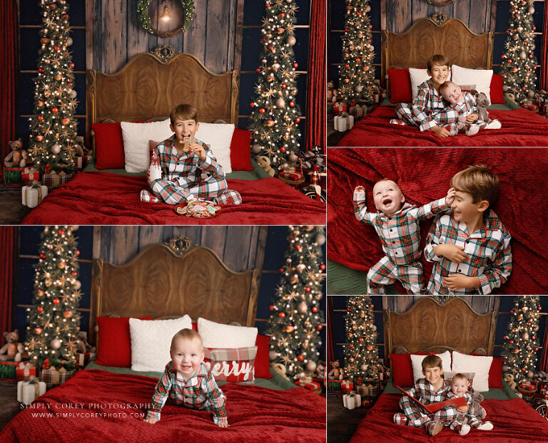 mini session photographer near Peachtree City, big and baby brothers in Christmas pajamas