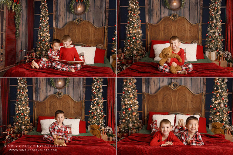 Newnan mini session photographer, kids in Christmas pajamas on bed in studio
