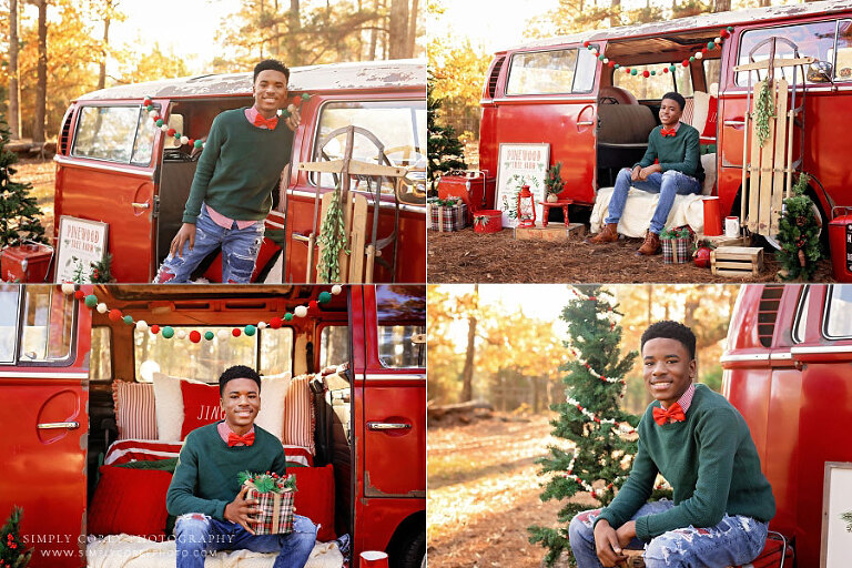 Dallas mini session photographer in GA, teen outside in Christmas VW bus set