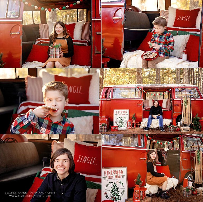 Douglasville mini session photographer, child and teen siblings on VW Bus decorated for Christmas