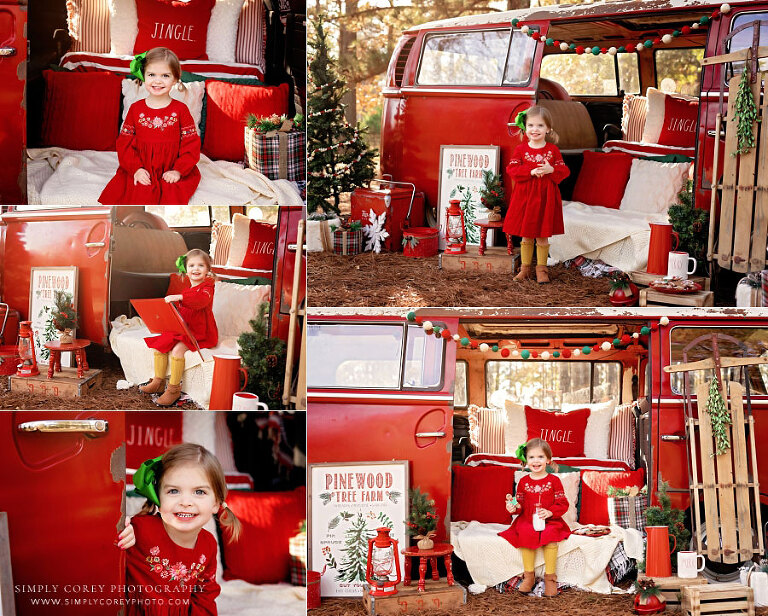 mini session photographer near Carrollton, GA; child on outdoor VW Bus Christmas set