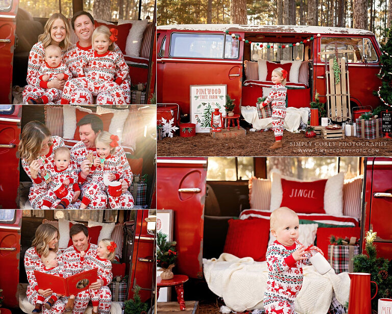 mini session photographer near Dallas, GA; family in matching Christmas pajamas with VW Bus
