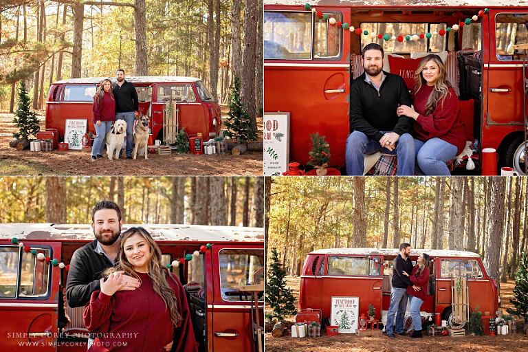 mini session photographer near Lithia Springs, couple outside with dogs and VW Bus for Christmas