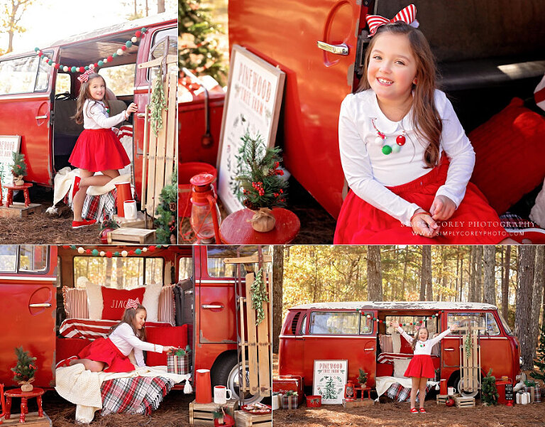 mini session photographer near Villa Rica, child outside with VW Bus for Christmas