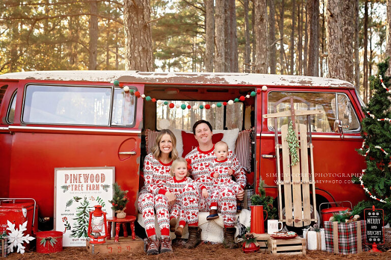 Tallapoosa mini session photographer, family in matching Christmas pajamas with VW bus