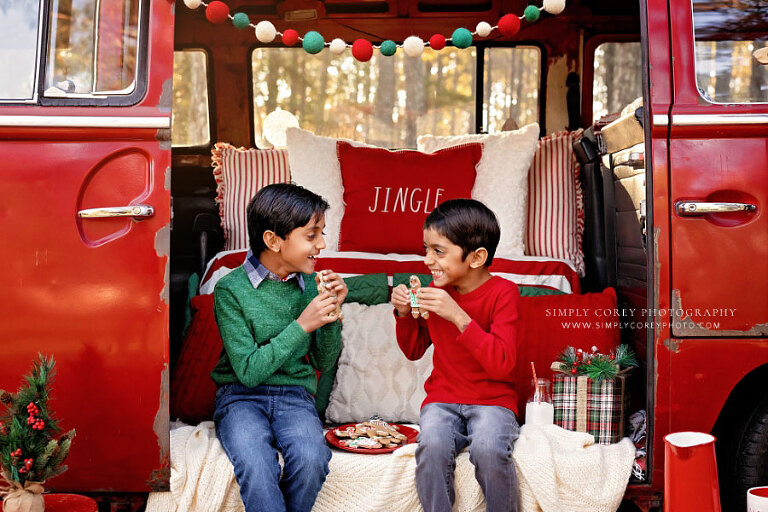 Villa Rica mini session photographer, children outside with VW Bus and Christmas cookies