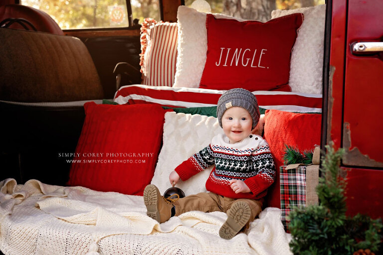 baby photographer near Dallas, GA; outdoor Christmas VW bus mini session