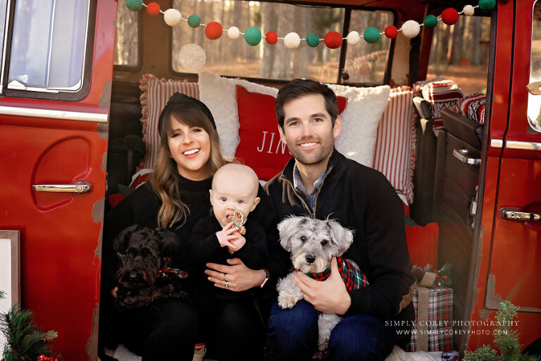 Carrollton family photographer in GA, Christmas mini session with VW bus and schnauzer dogs