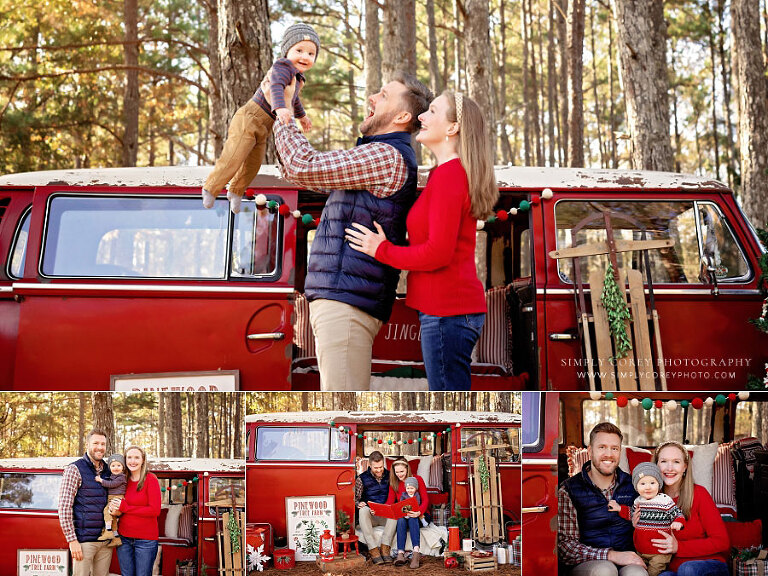Newnan mini session photographer, family with baby outside for Christmas VW bus set