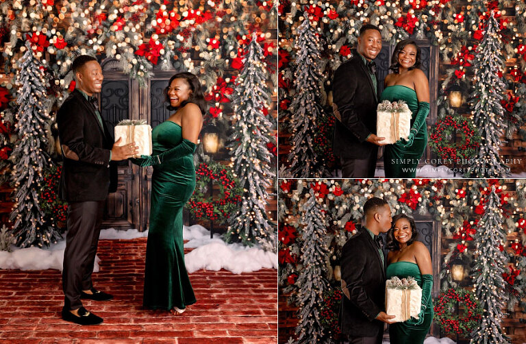 Atlanta mini session photographer, formal couple portraits with Christmas present