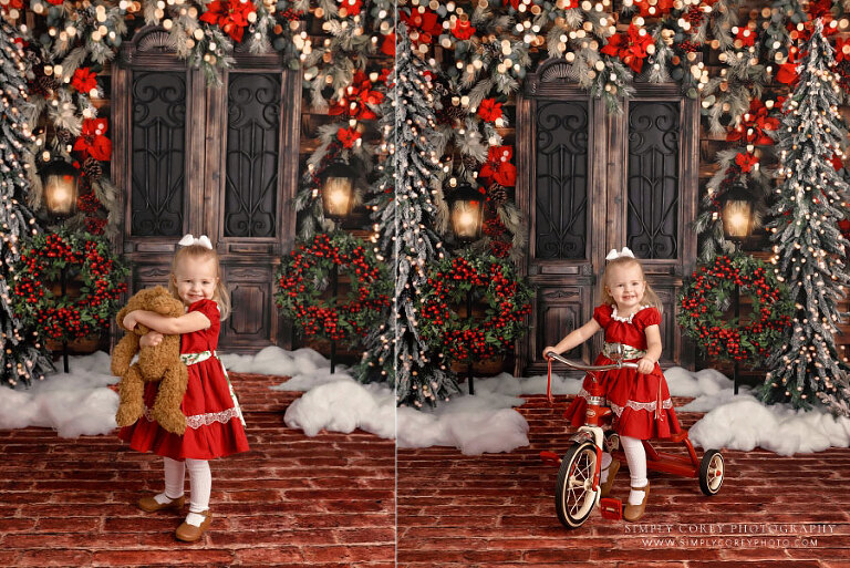 Christmas mini session photographer near Peachtree City, child in red dress in studio