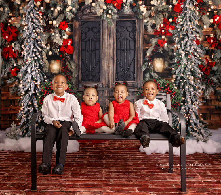 Fairburn mini session photographer, children on bench for studio Christmas portrait
