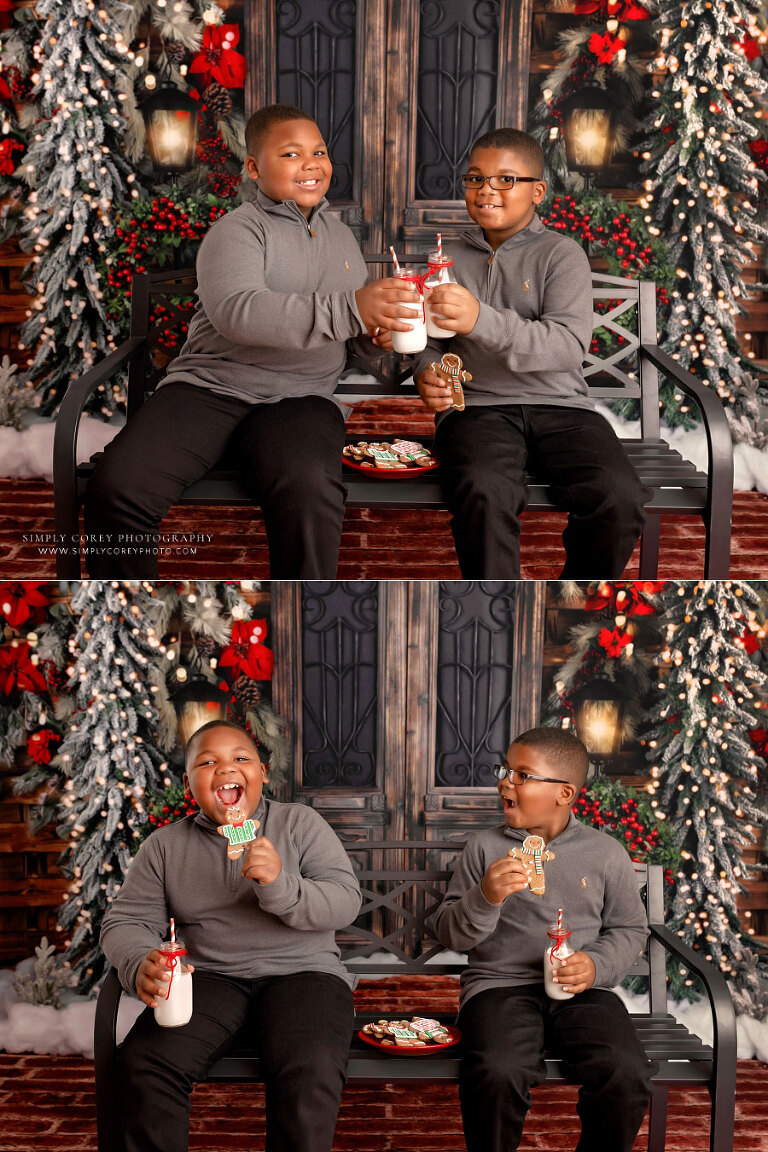 mini session photographer near Villa Rica, brothers with milk and cookies on Christmas studio set