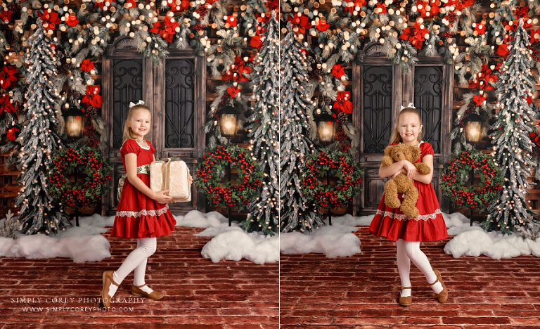 Newnan mini session photographer, child with Christmas present on studio set