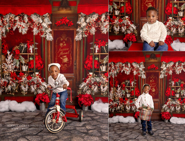 Atlanta mini session photographer, brothers on holiday studio set with poinsettias and props