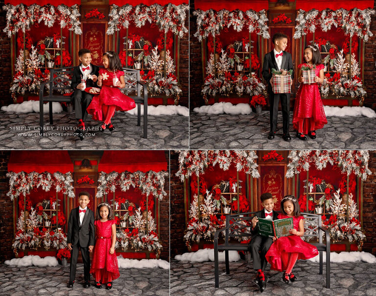 mini session photographer near Carrollton, GA; children on Christmas poinsettia studio set