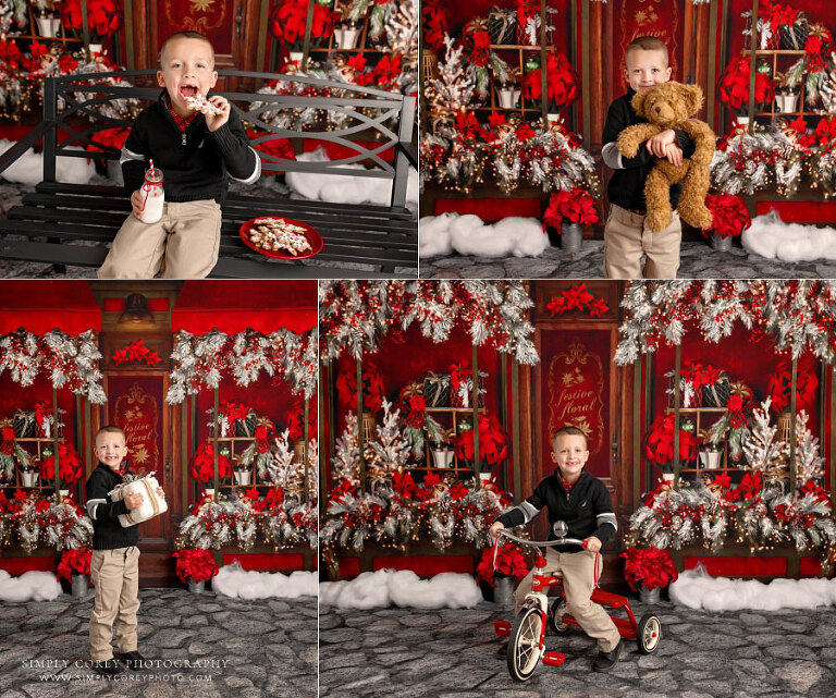 mini session photographer near Douglasville, child on poinsettia backdrop for Christmas