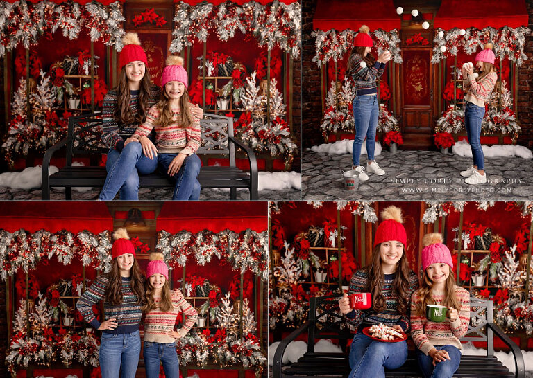 Newnan mini session photographer, teen and tween in knit hats on Christmas poinsettia set