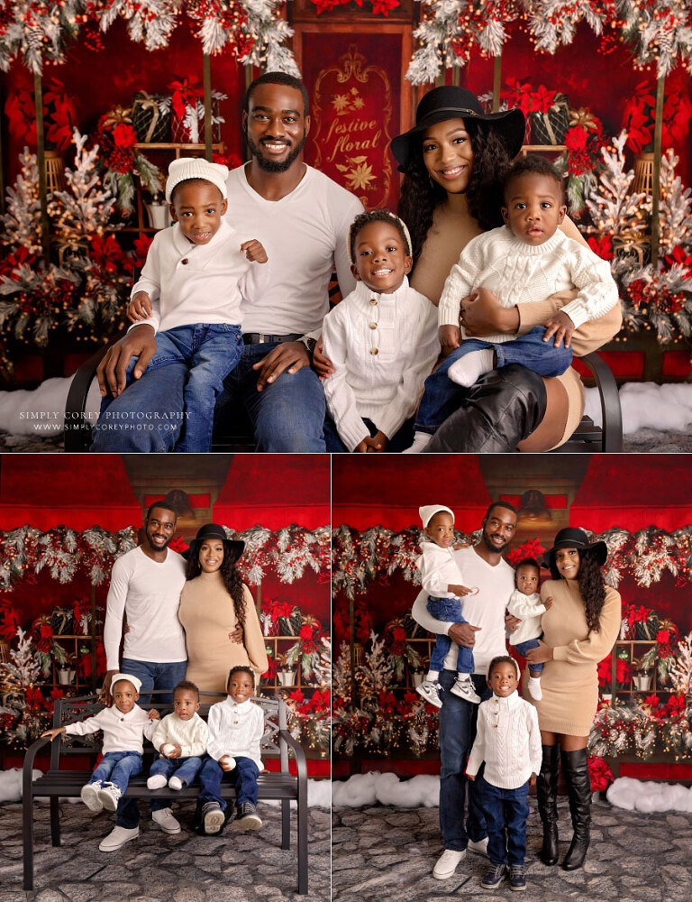 Villa Rica family photographer, Christmas mini session with poinsettias and three children
