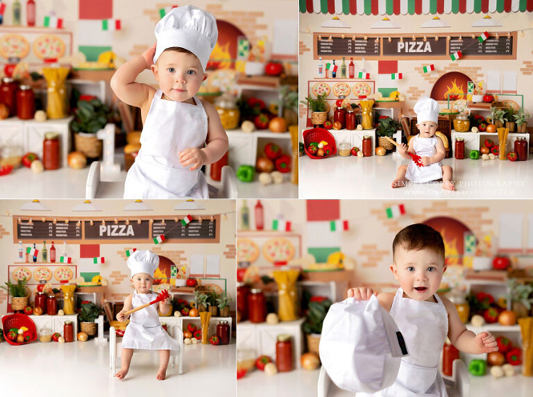 baby photographer near Douglasville, boy in chef hat and apron on pizza milestone set