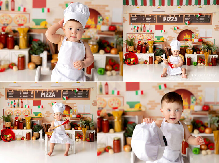 baby photographer near Douglasville, boy in chef hat and apron on pizza milestone set