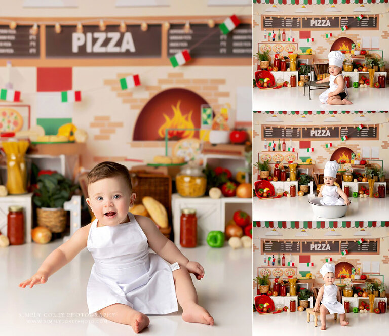 Bremen baby photographer, boy in apron and chef's hat with pizza studio set 