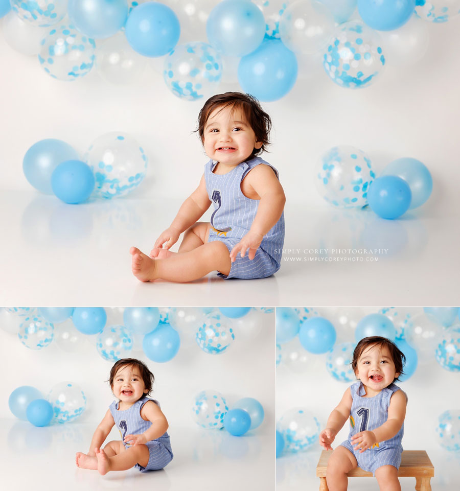 baby photographer near Hiram, one year studio milestone session with balloons