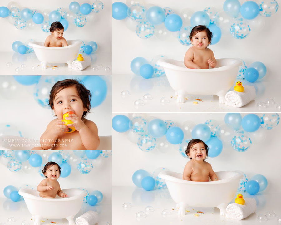 cake smash photographer near Douglasville, baby in tub after studio cake smash