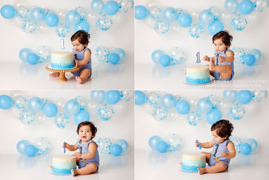 Carrollton cake smash photographer in Georgia, simple studio set with balloons