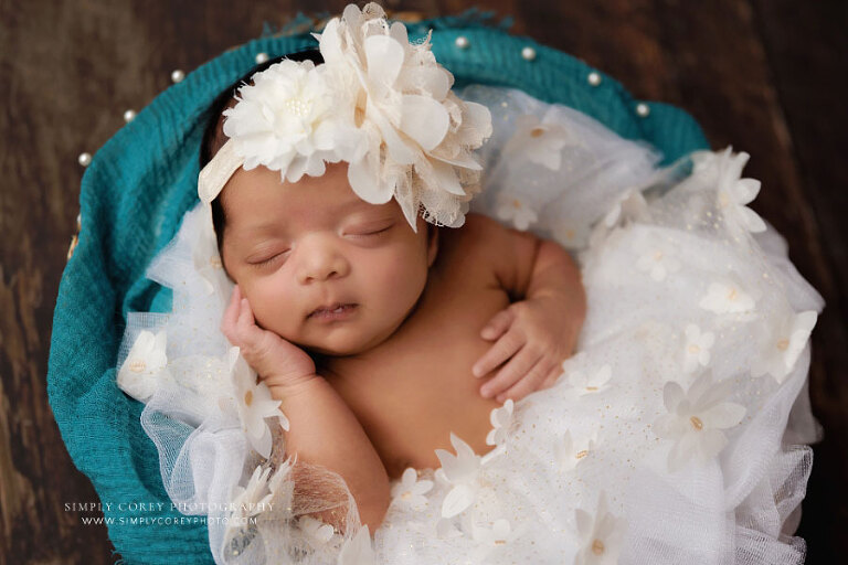 Douglasville newborn photographer, baby girl in white tutu and headband