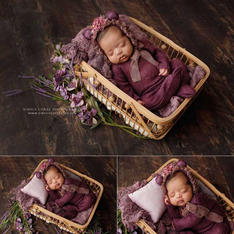 newborn photographer near Powder Springs, baby girl with purple bear outfit in studio