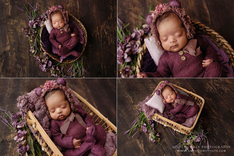 newborn photographer near Villa Rica, baby girl with purple bear outfit in basket