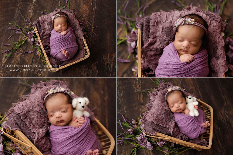 Villa Rica newborn photographer, baby girl in basket with purple wrap and flowers