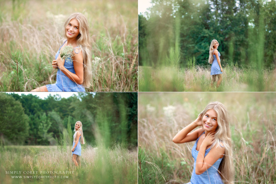 Atlanta senior portrait photographer, teen girl in dress outside in field