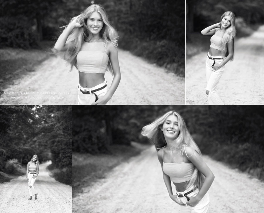 black and white senior portraits near Newnan, teen girl outside on dirt road